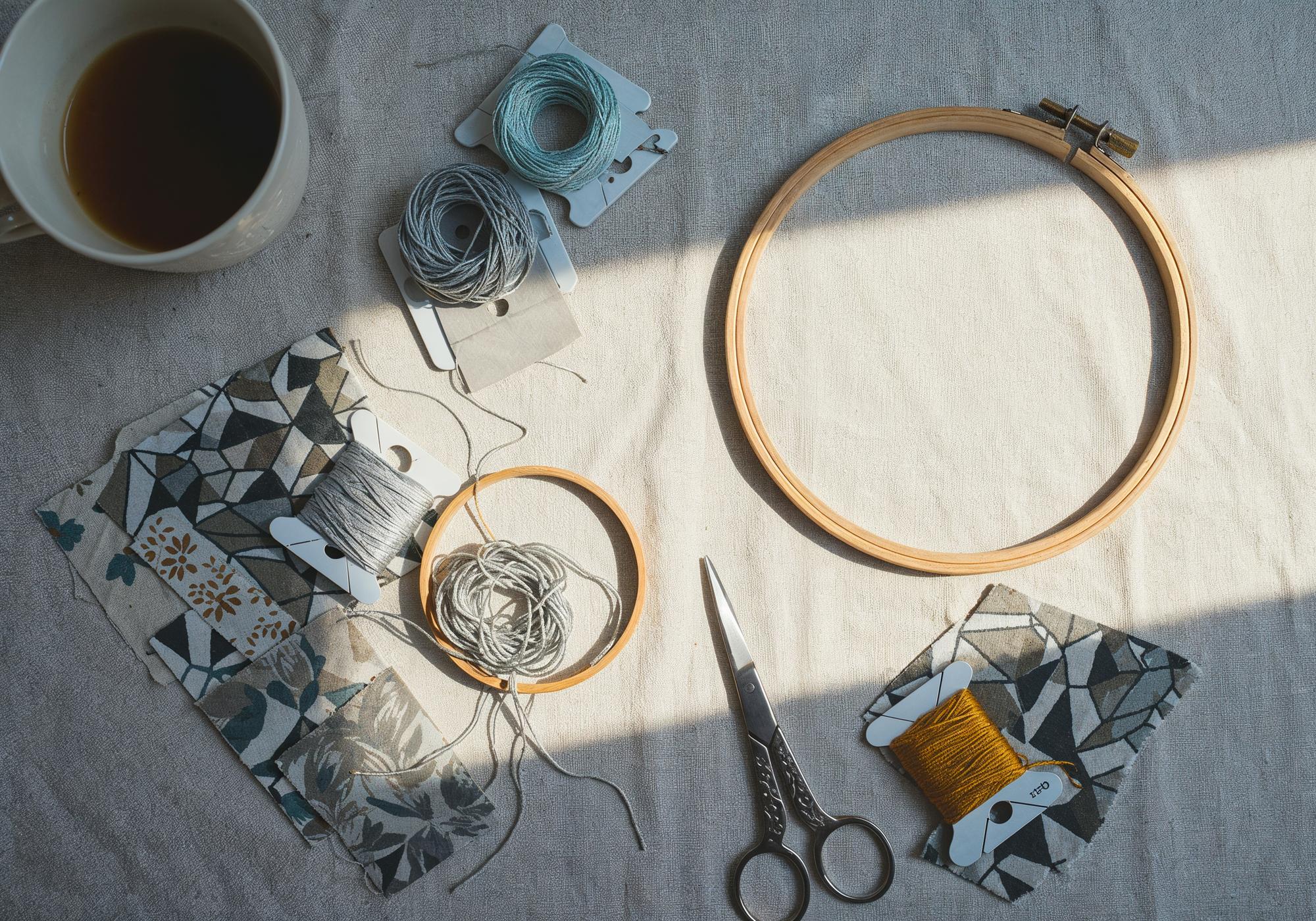 Atelier table with threads, sketches and hoops