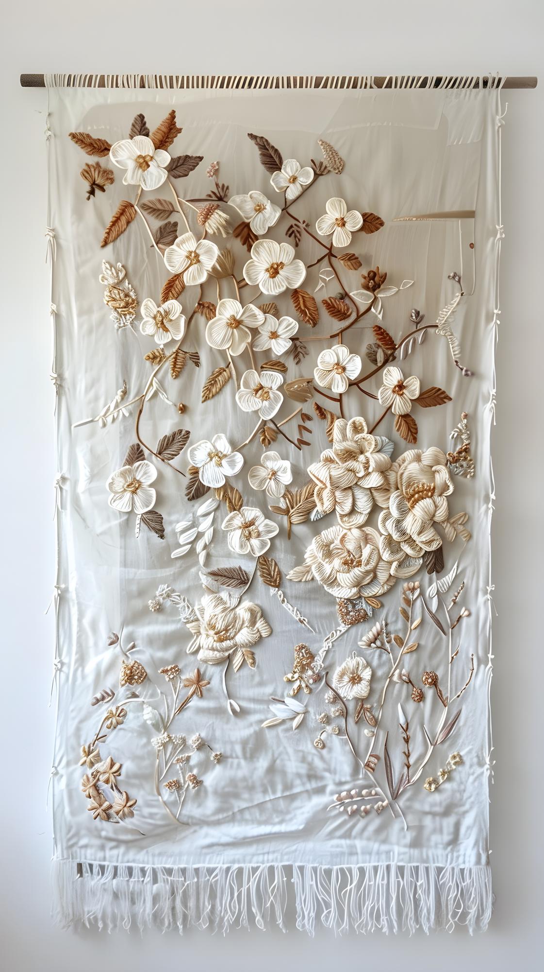 Large embroidered panel framed on cream linen